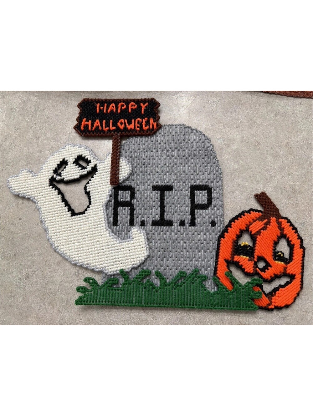 Vtg Plastic Canvas Needlepoint Wall Décor Halloween Ghost, Tombstone, Pumpkin